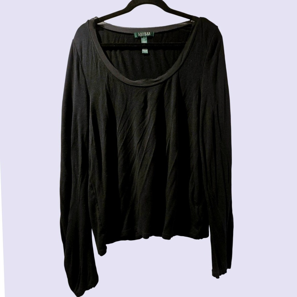 Lauren Ralph Lauren Black Tunic Top Women L Long Sleeve Scoop Neck Minimalist
